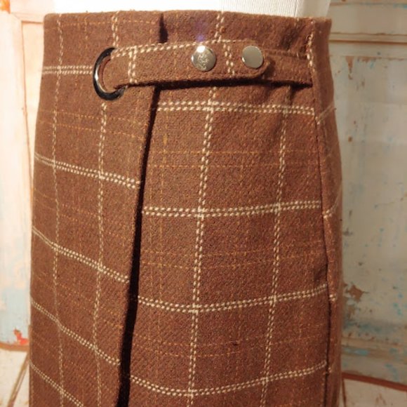 MGM plaid lined zipper wool texture skirt w snap grommet/size M/brown cream - Picture 4 of 5